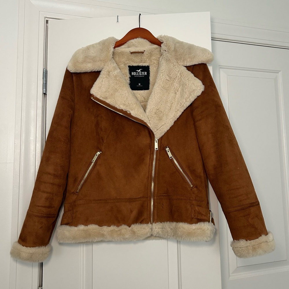 Hollister Women's Chestnut Brown Faux Shearling Moto Jacket